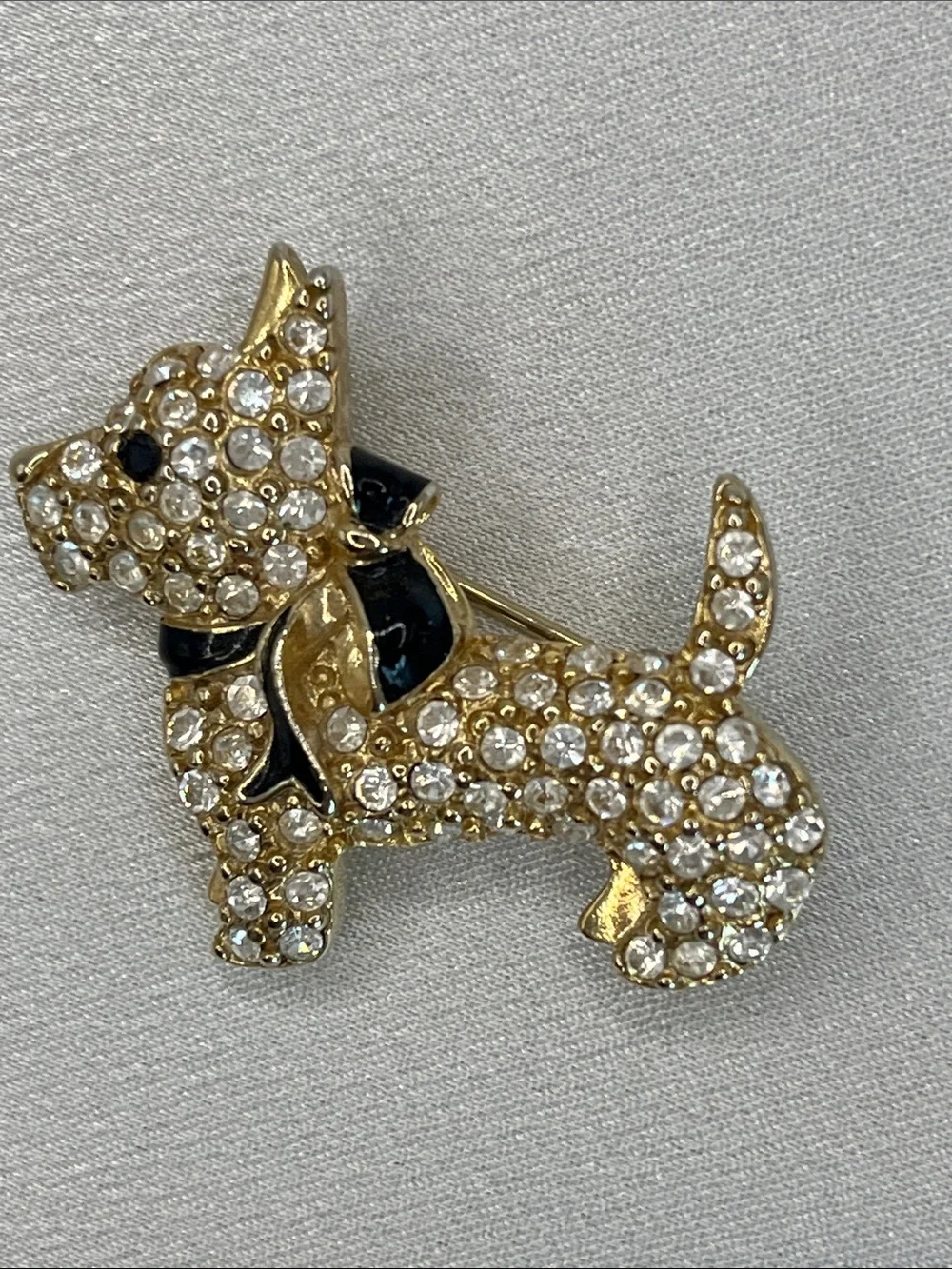 Monet Gold Crystal Scotty Dog Pin with Black Enamel Bow